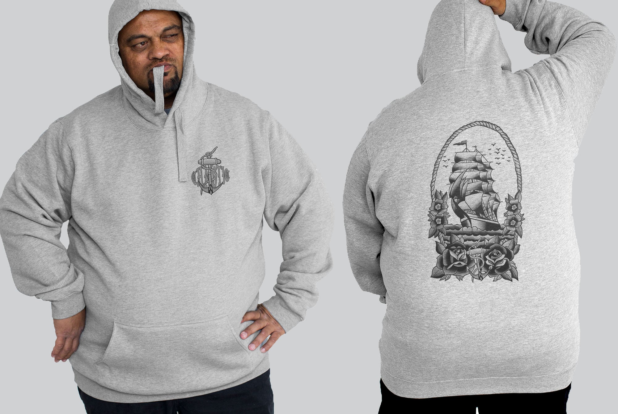 Ships & Roses Tattoo Chaotic KING Big Mens Plus Size Streetwear Hoodie